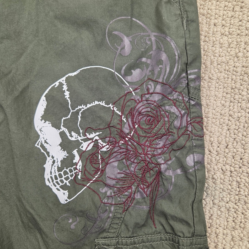 Hot Topic Green Cargo‎ Pants Skull Rose Cross Graphic Goth Grudge Y2K Womens 7 - Picture 6 of 11